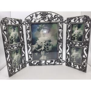 Vintage Victorian Trifold Silver Frame 5 Picture Hinged Metal Rose/Leaf Motif